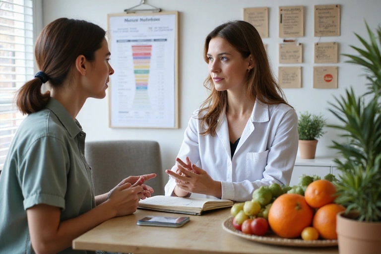 Διατροφολόγος που συζητά με πελάτη σε ένα φωτεινό, φιλόξενο γραφείο, με φρέσκα φρούτα και διατροφικά διαγράμματα στο παρασκήνιο. Η εικόνα πρέπει να εκπέμπει επαγγελματισμό και εξατομικευμένη φροντίδα.